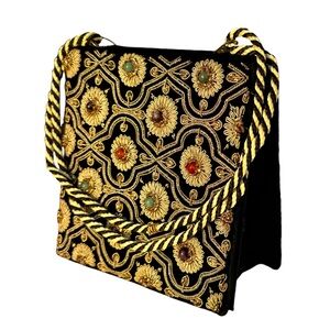 Vintage Zardozi Embroidery Clutch Precious Stone Gold Black Velvet Evening Bag